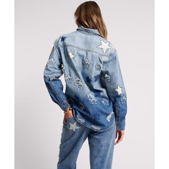 New Free People x One Teaspoon JOHNNY BLUE STAR CLASSIC EVERYDAY SHIRT Size S - Picture 6 of 14